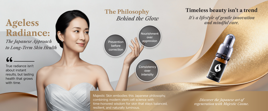 Majestic Skin Japanese anti-aging serum bottle with traditional Japanese aesthetic elements representing balance, harmony, and preventative skincare philosophy