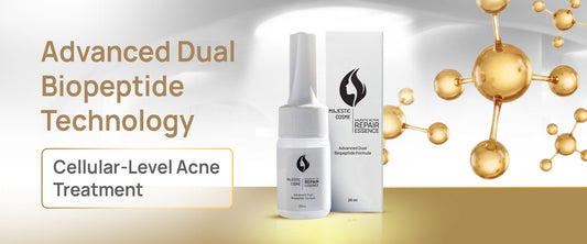 Advanced peptide skincare essence bottle with dual biopeptide technology for cellular-level acne treatment and post-acne hyperpigmentation repair