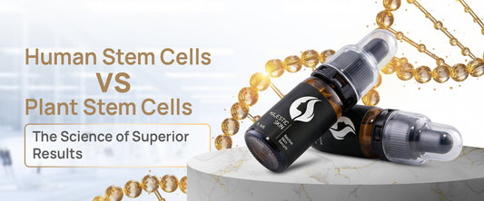 Side-by-side comparison of human ADSC-CM stem cell serum and plant stem cell extract showing biological difference in anti-aging results