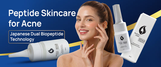 Japanese peptide skincare serum for acne treatment showing dual biopeptide complex molecular structure with clear skin results