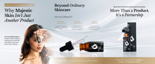 Professional skincare partnership meeting showing Majestic Skin training materials and product samples for clinic distributors