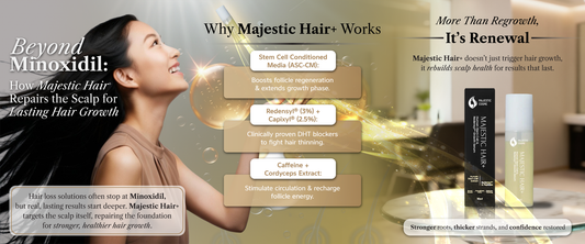 Majestic Hair+ stem cell hair serum bottle designed for scalp repair and natural hair regrowth without Minoxidil