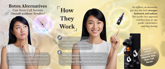 Woman applying Majestic Skin human stem cell serum to face for natural wrinkle reduction and skin matrix rebuilding