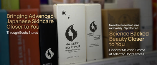 Majestic Cosme Japanese skincare products available in Boots stores including Majestic Skin Serum with 20% ADSC-CM stem cell technology for anti-aging wrinkle reduction