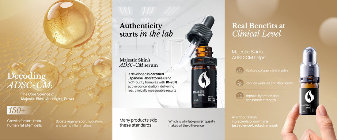 Majestic Skin's human stem cell serum bottle with before and after results of a user's anti-aging journey.