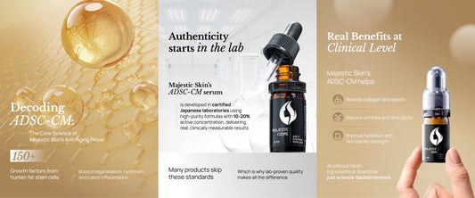 Majestic Skin's human stem cell serum bottle with before and after results of a user's anti-aging journey.