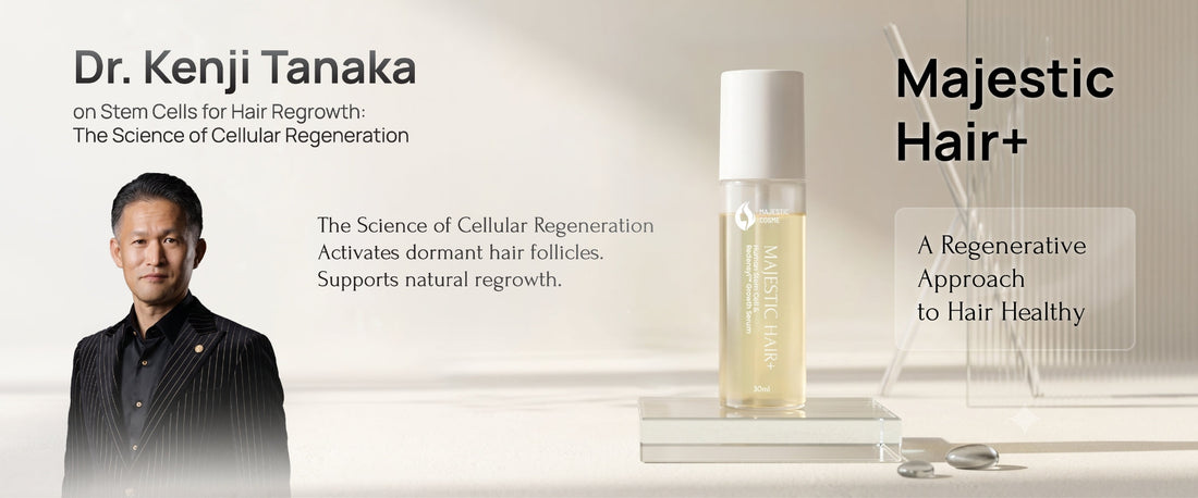 Comparison of Minoxidil versus Majestic Hair+ stem cell technology showing ADSC-CM growth factors Redensyl and Capixyl for hair follicle regrowth and density increase