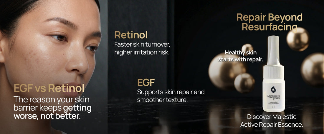 EGF vs retinol comparison for skin barrier repair — Majestic Active Repair Essence regenerative skincare from Japan with EGF growth factor and biopeptide technology