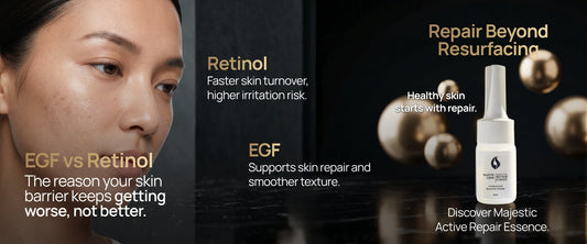 EGF vs retinol comparison for skin barrier repair — Majestic Active Repair Essence regenerative skincare from Japan with EGF growth factor and biopeptide technology