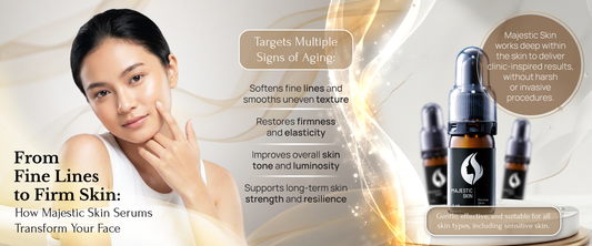 Before and after facial transformation showing Majestic Skin stem cell serum results with reduced fine lines, improved firmness, and enhanced skin texture