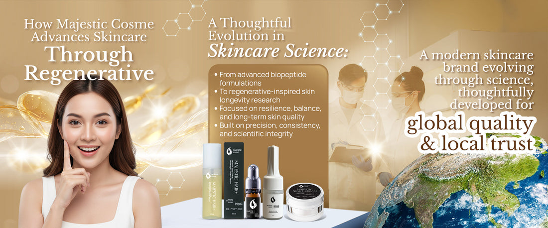 Majestic Cosme regenerative skincare technology evolution showing human stem cell serum formulations with peptide complexes and growth factors for anti-aging treatment