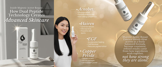 Majestic Active Repair Essence advanced skincare with four peptide ingredients working in synergy for regenerative skincare results