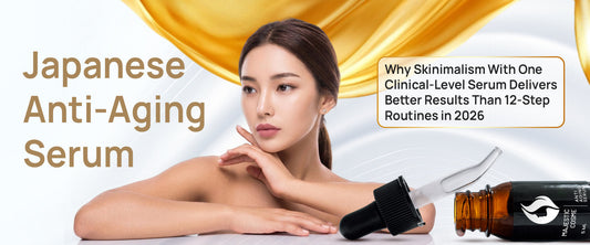 Japanese anti-aging serum Majestic Skin being applied to mature skin as part of a minimalist skincare routine