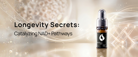 Scientific illustration of NAD+ pathways, mitochondria, and peptide technology supporting skin longevity and cellular renewal