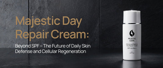 Majestic Day Repair Cream with Japanese mineral UV cut SPF20 PA++, HSP DNA repair technology, ASP anti-stress peptides, and biopeptide complex for daily cellular regeneration
