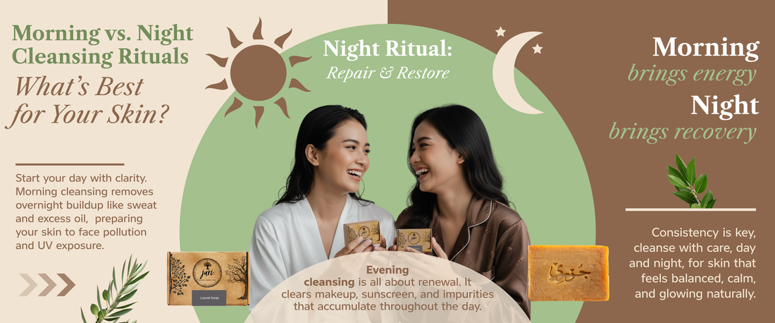 Split image showing morning and evening face washing routines with natural skincare olive oil soap bar
