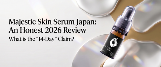 Majestic Skin human stem cell serum Japan 2026 review showing glass dropper bottle with 20% ADSC-CM and 150+ growth factors for anti-aging wrinkle reduction