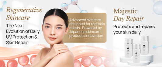 Majestic Day Repair regenerative skincare with peptide technology and mineral UV protection from Japan for daily skin repair and Mochi skin texture