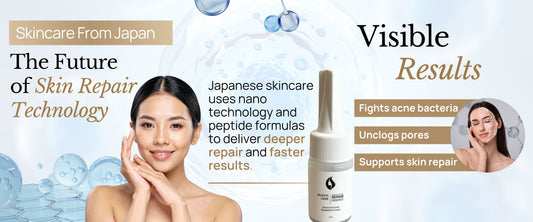 Close-up of Majestic Active Repair Essence dropper bottle with Japanese laboratory backdrop and glowing skin texture