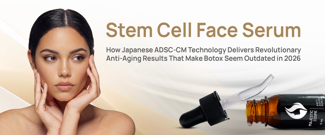 Majestic Skin stem cell face serum with 20% Japanese ADSC-CM and Liposome Technology delivering 150+ growth factors for clinical-grade anti-aging results