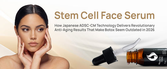 Majestic Skin stem cell face serum with 20% Japanese ADSC-CM and Liposome Technology delivering 150+ growth factors for clinical-grade anti-aging results