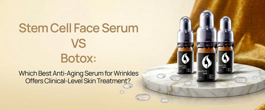 Majestic Skin 20% ADSC-CM human stem cell serum bottle with clinical comparison chart showing wrinkle reduction vs Botox.