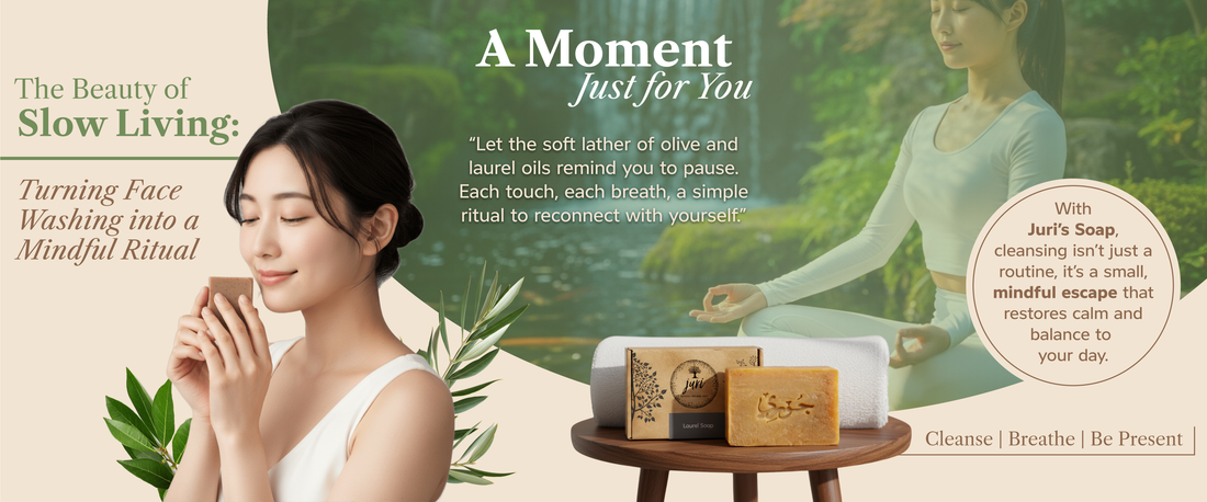 Woman practicing mindful face washing ritual with organic olive oil soap in peaceful bathroom setting