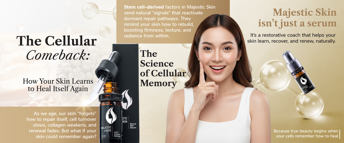  Majestic Skin human stem cell anti-aging serum bottle with cellular regeneration visualization showing skin repair process