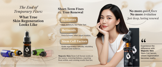 Comparison diagram showing temporary skincare fixes versus Majestic Skin true regeneration with cellular renewal and lasting anti-aging results