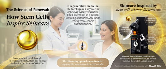 Human stem cell serum bottle with molecular structure background representing regenerative skincare science and collagen production technology