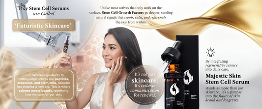 Majestic Skin human stem cell serum bottle with scientific molecules representing advanced Japanese anti-aging skincare technology