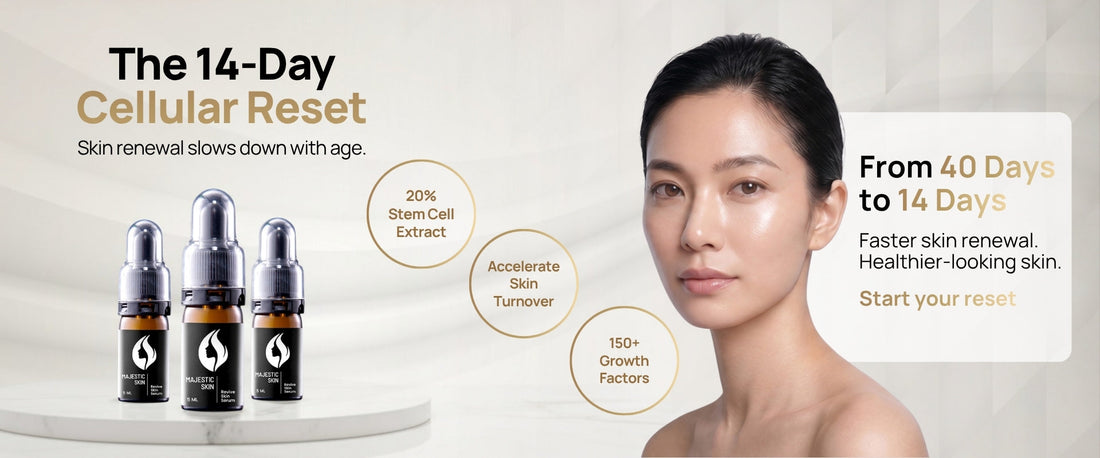 Majestic Skin human stem cell serum promoting accelerated 14-day skin renewal and collagen regeneration