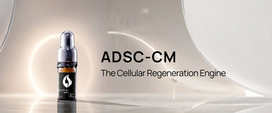 Scientific illustration of ADSC-CM growth factors activating fibroblasts and collagen production in skin regeneration