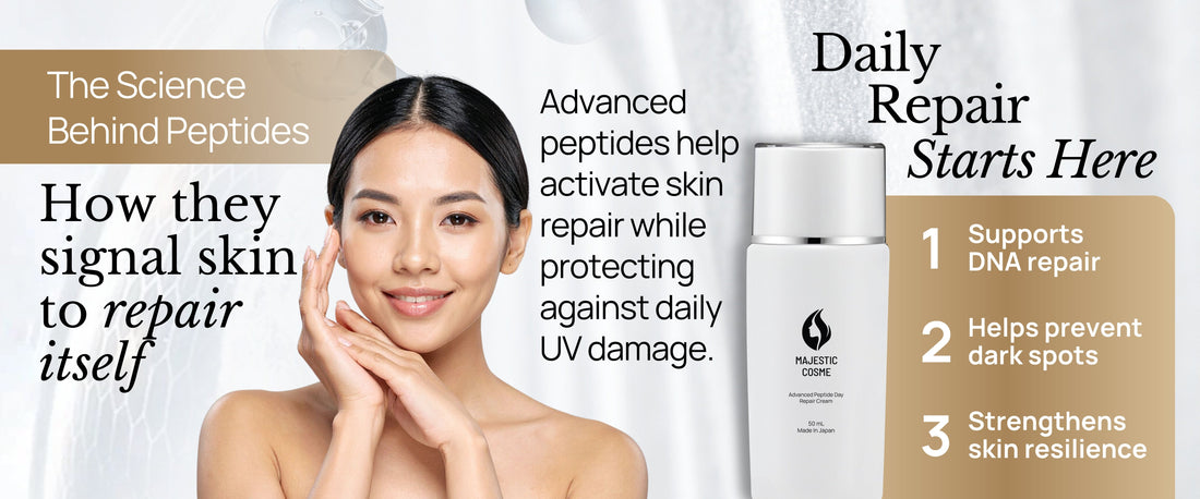 Majestic Day Repair peptide technology advanced skincare showing how peptides signal skin cells to repair and regenerate collagen production
