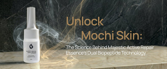 Majestic Active Repair Essence bottle featuring Dual Biopeptide Technology for regenerative skincare and Mochi Skin elasticity.