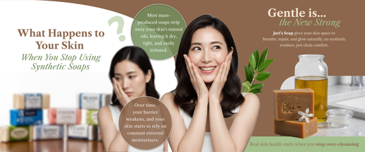 Woman washing face with organic olive oil soap bar showing healthy glowing skin after using natural skincare