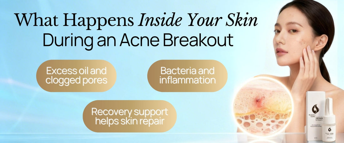 Illustration of acne breakout stages inside the pore and how Majestic Active Repair Essence peptide nano-technology supports skin repair from Japan