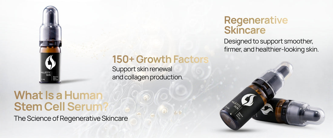 Majestic Skin human stem cell serum bottle showing ADSC-CM growth factor technology for regenerative anti-aging skincare