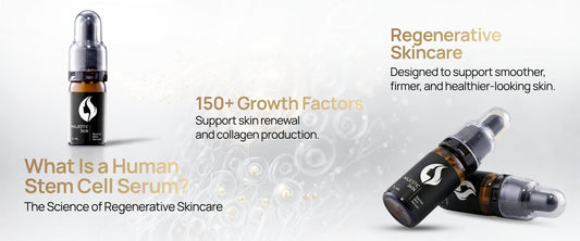 Majestic Skin human stem cell serum bottle showing ADSC-CM growth factor technology for regenerative anti-aging skincare