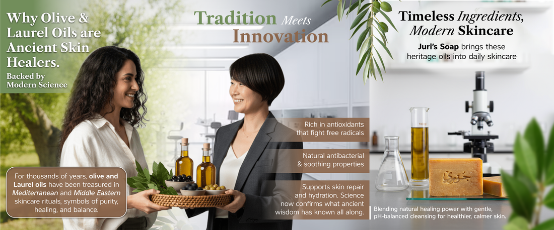 Organic olive oil and laurel berries used in traditional Juri Soap natural skincare formulation