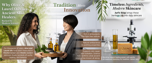 Organic olive oil and laurel berries used in traditional Juri Soap natural skincare formulation