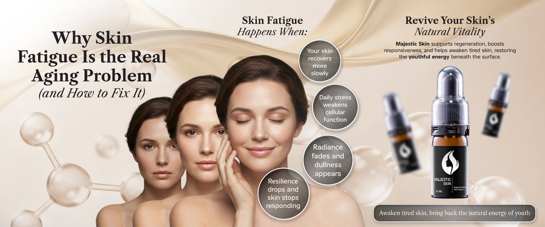 Majestic Skin human stem cell serum addressing skin fatigue with cellular energy restoration, showing comparison between fatigued dull skin and revitalized radiant skin