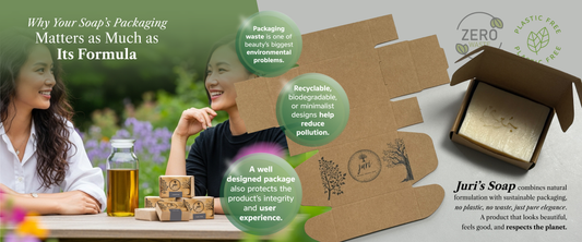 Natural laurel and olive branches beside sustainable skincare packaging materials