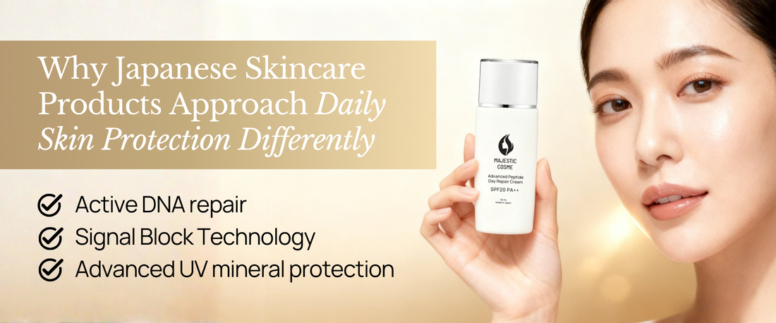 Majestic Day Repair skincare from japan with advanced DNA repair technology HSP peptides mineral UV protection for Mochi skin and daily regeneration