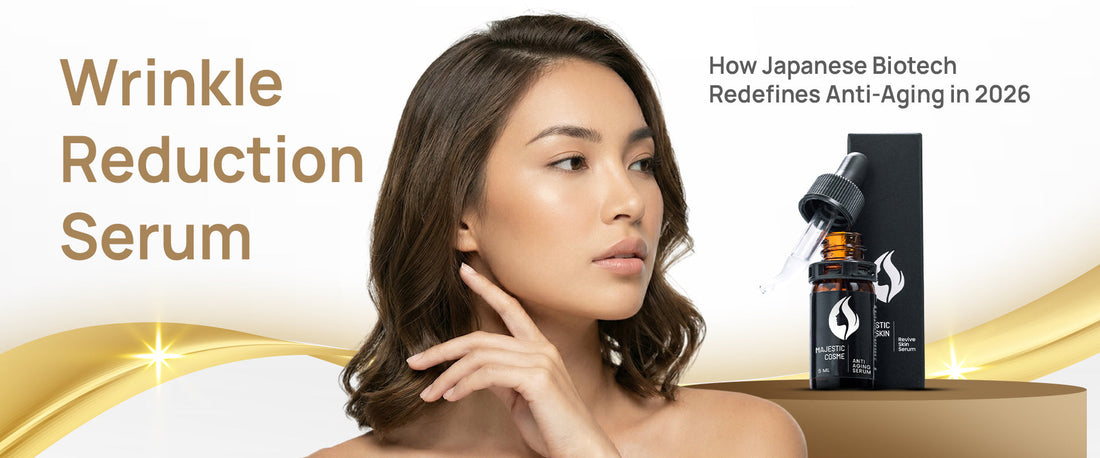 Woman applying Majestic Skin serum for wrinkle reduction using advanced Japanese ADSC-CM technology