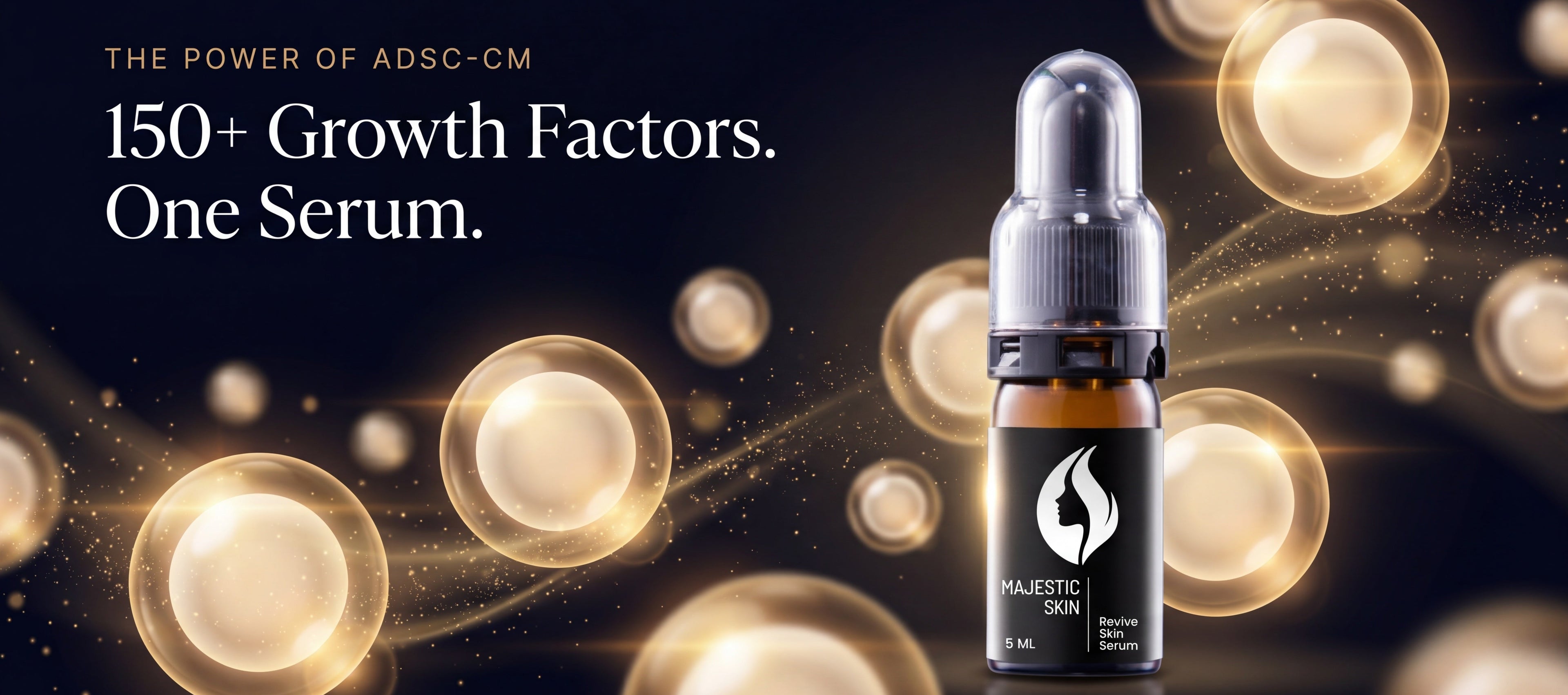Majestic Skin stem cell face serum surrounded by luminous exosome spheres representing 150+ growth factors, clinical-level skin treatment powered by Japanese stem cell technology for wrinkle reduction and collagen production